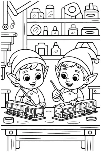 Kolorowanka do druku - Elfy malują zabawki na święta (PDF)