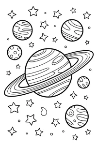 Kolorowanka do druku - Galaktyka pełna planet i gwiazd (PDF)