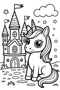 Kolorowanka do druku - Jednorożec przed magicznym zamkiem (PDF)