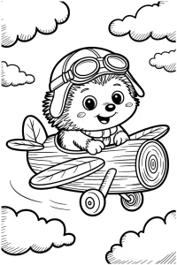 Kolorowanka do druku - Jeżyk pilot w drewnianym samolocie (PDF)