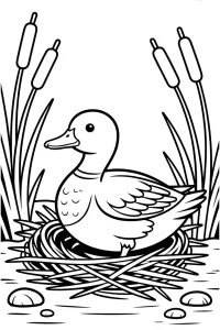 Kolorowanka do druku - Kaczka wysiadująca jajka w gnieździe (PDF)