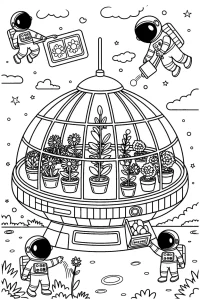 Kolorowanka do druku - Kosmiczna szklarnia na obcej planecie (PDF)