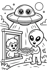 Kolorowanka do druku - Kosmita dostarcza pizzę z UFO (PDF)