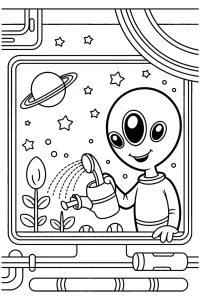 Kolorowanka do druku - Kosmita podlewa roślinki w statku (PDF)