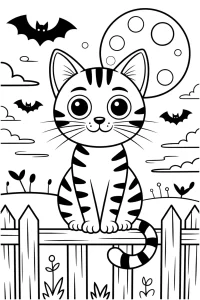 Kolorowanka do druku - Kot na płocie w noc Halloween (PDF)