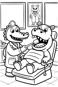 Kolorowanka do druku - Krokodyl dentysta leczy hipopotama (PDF)