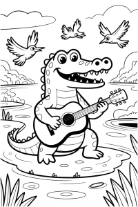 Kolorowanka do druku - Krokodyl grający na gitarze (PDF)