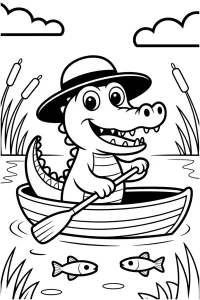 Kolorowanka do druku - Krokodyl w kapeluszu płynie łódką (PDF)