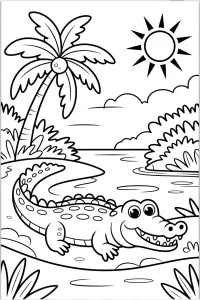 Kolorowanka do druku - Krokodyl wygrzewający się na plaży (PDF)