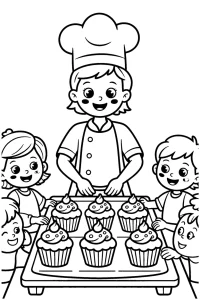 Kolorowanka do druku - Lekcja pieczenia babeczek z dziećmi (PDF)