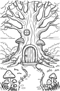 Kolorowanka do druku - Magiczny domek w pniu drzewa (PDF)