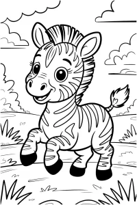 Kolorowanka do druku - Mała zebra na sawannie (PDF)