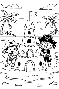Kolorowanka do druku - Mali piraci budują zamek z piasku (PDF)