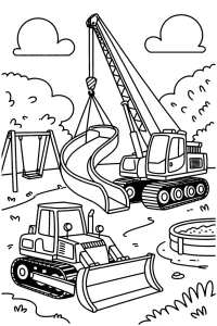 Kolorowanka do druku - Maszyny budują plac zabaw (PDF)