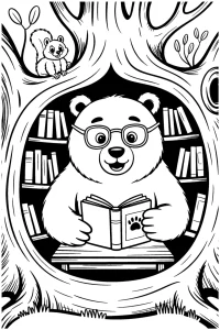 Kolorowanka do druku - Miś bibliotekarz w dziupli drzewa (PDF)
