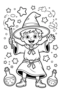 Kolorowanka do druku - Młody czarodziej i jego eliksiry (PDF)