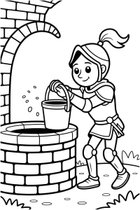 Kolorowanka do druku - Młody rycerz przy studni (PDF)