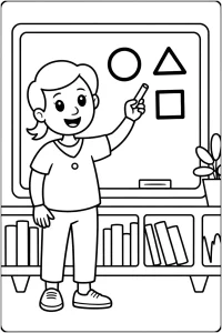 Kolorowanka do druku - Nauczycielka uczy kształtów przy tablicy (PDF)