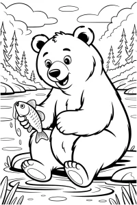 Kolorowanka do druku - Niedźwiedź łowiący rybę w rzece (PDF)