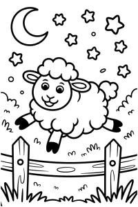 Kolorowanka do druku - Owieczka skacze przez płotek nocą (PDF)