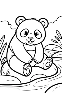 Kolorowanka do druku - Panda siedząca na kamieniu w rzece (PDF)