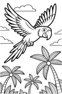 Kolorowanka do druku - Papuga lecąca nad palmami (PDF)