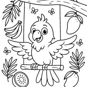 Kolorowanka do druku - Papuga na huśtawce z owocami (PDF)