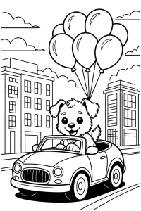 Kolorowanka do druku - Piesek w kabriolecie z balonami (PDF)