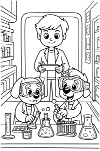 Kolorowanka do druku - Pieski naukowcy w laboratorium (PDF)