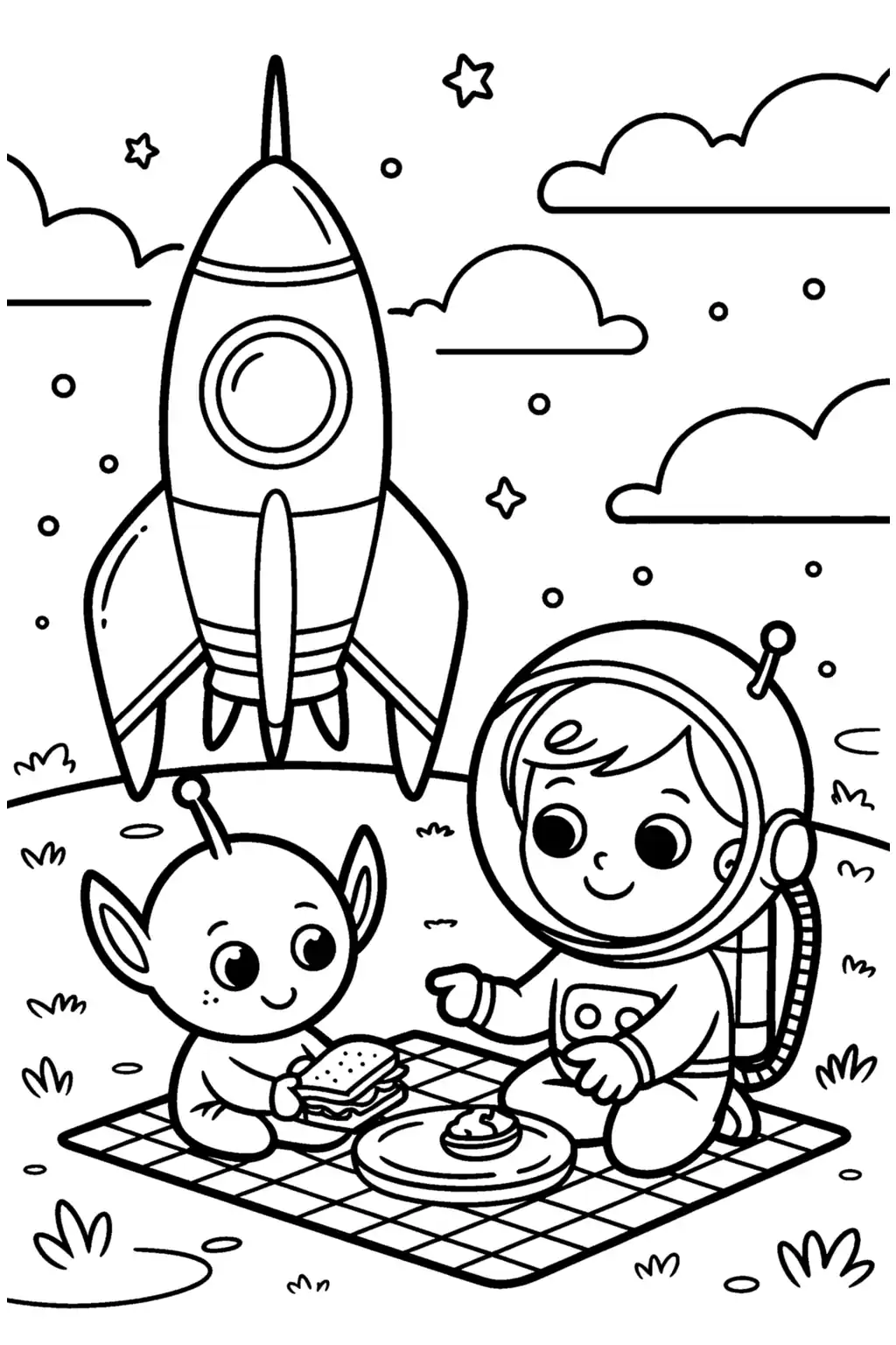 Pobierz PDF piknik astronauty z kosmita darmowa kolorowanka do druku