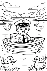 Kolorowanka do druku - Policjant na łódce z kaczkami (PDF)
