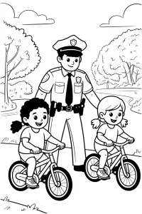 Kolorowanka do druku - Policjant uczy dzieci jeździć na rowerze (PDF)