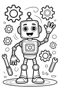 Kolorowanka do druku - Przyjazny robot machający w warsztacie (PDF)