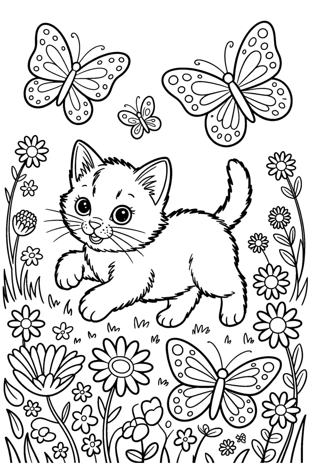 Pobierz PDF puszysty kotek na kwiecistej lace darmowa kolorowanka do druku