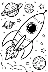 Kolorowanka do druku - Rakieta kosmiczna lecąca wśród planet (PDF)