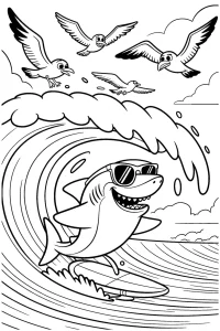 Kolorowanka do druku - Rekin surfer na wielkiej fali (PDF)