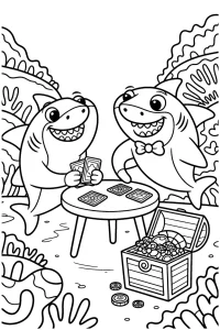Kolorowanka do druku - Rekiny grające w karty (PDF)