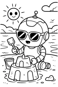 Kolorowanka do druku - Robot na plaży buduje zamek (PDF)