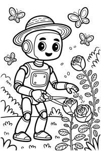 Kolorowanka do druku - Robot ogrodnik przycina róże (PDF)