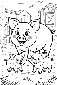Kolorowanka do druku - Rodzina świnek na podwórku (PDF)