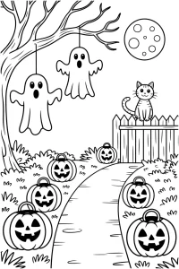 Kolorowanka do druku - Ścieżka halloweenowa z dyniami i duchami (PDF)