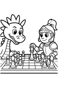 Kolorowanka do druku - Smok gra w szachy z rycerzem (PDF)