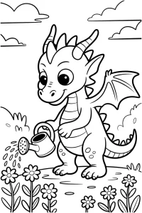 Kolorowanka do druku - Smok ogrodnik podlewa kwiaty (PDF)