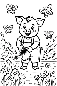 Kolorowanka do druku - Świnka ogrodniczka podlewa kwiaty (PDF)
