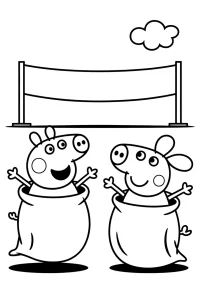 Kolorowanka do druku - Świnka Peppa w wyścigu w workach (PDF)