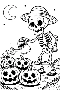 Kolorowanka do druku - Szkielet ogrodnik podlewa dynie (PDF)