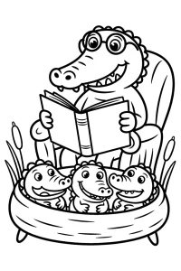 Kolorowanka do druku - Tata krokodyl czyta dzieciom bajki (PDF)