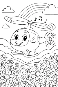 Kolorowanka do druku - Wesoły helikopter nad kwitnącą doliną (PDF)