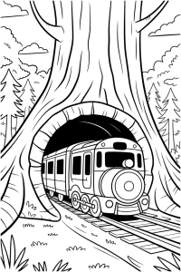 Kolorowanka do druku - Zaczarowany pociąg w leśnym tunelu (PDF)