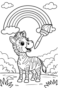 Kolorowanka do druku - Zebra malująca tęczę na niebie (PDF)